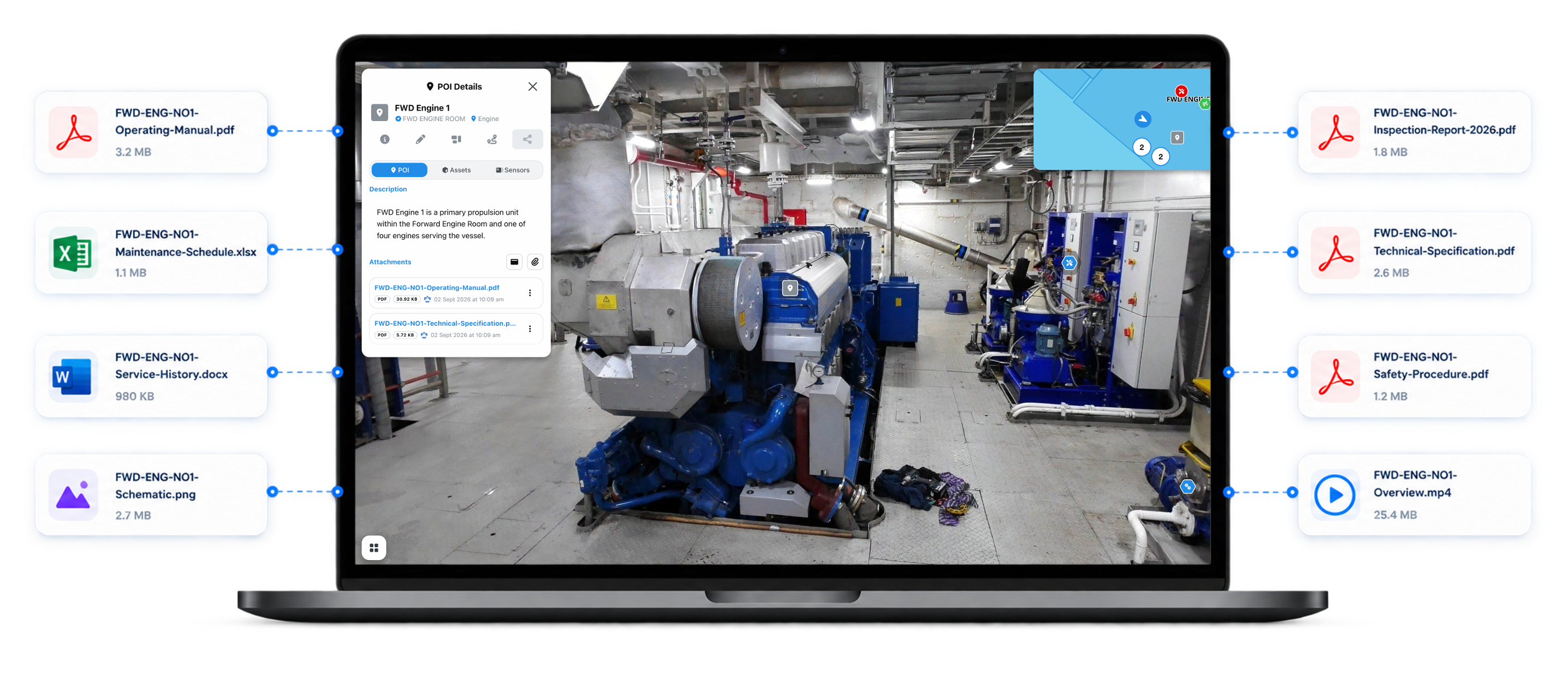 Helios point-of-interest details with contextual documents and media connected to an engine room location